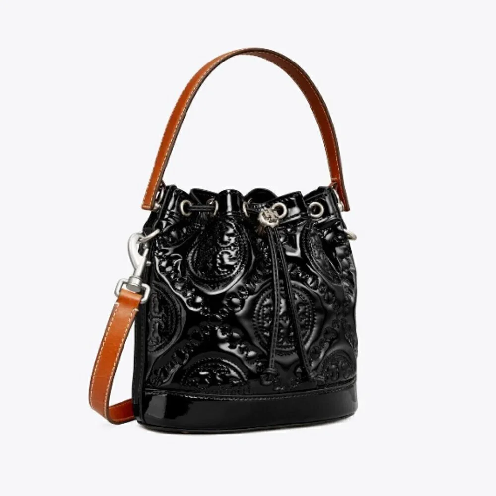 NWT! New! Tory Burch T Monogram Embroidered Patent Bucket Bag -BLACK Large